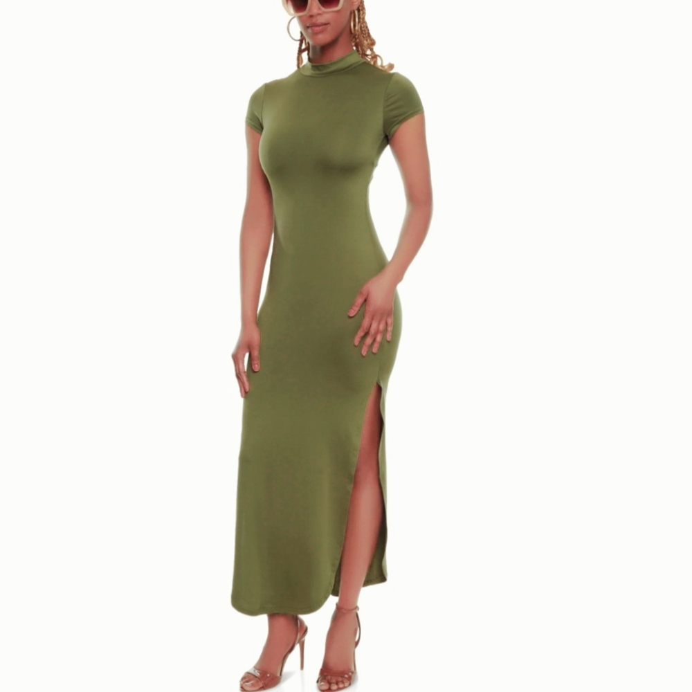 Jolie & Joy by FCT Olive Keyhole Mock Neck Maxi Dress with Leg Slits